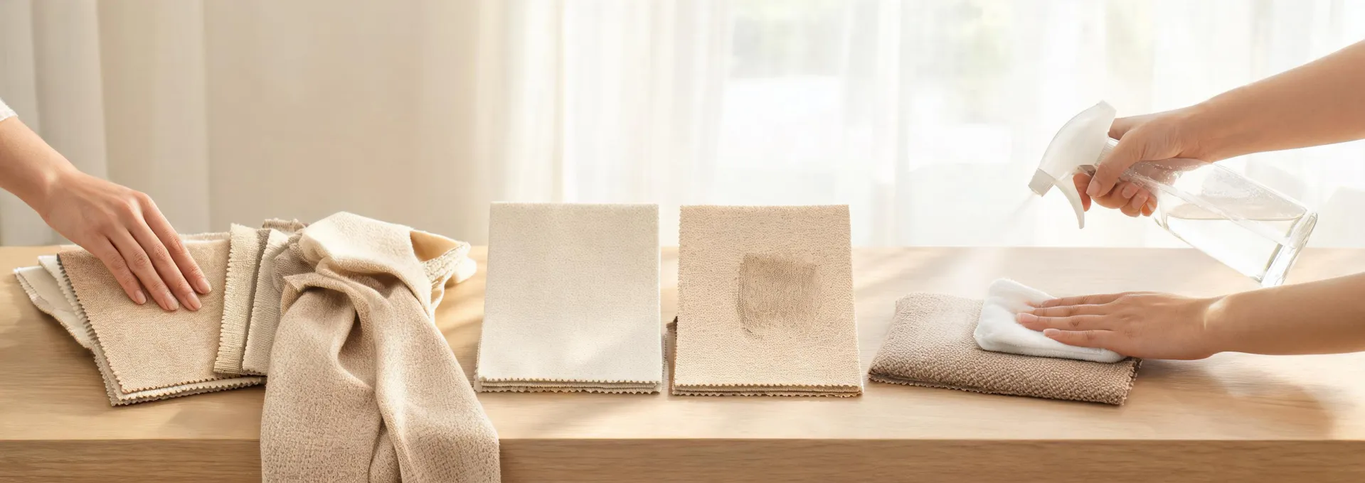 Upholstery swatches compared for handfeel and maintenance