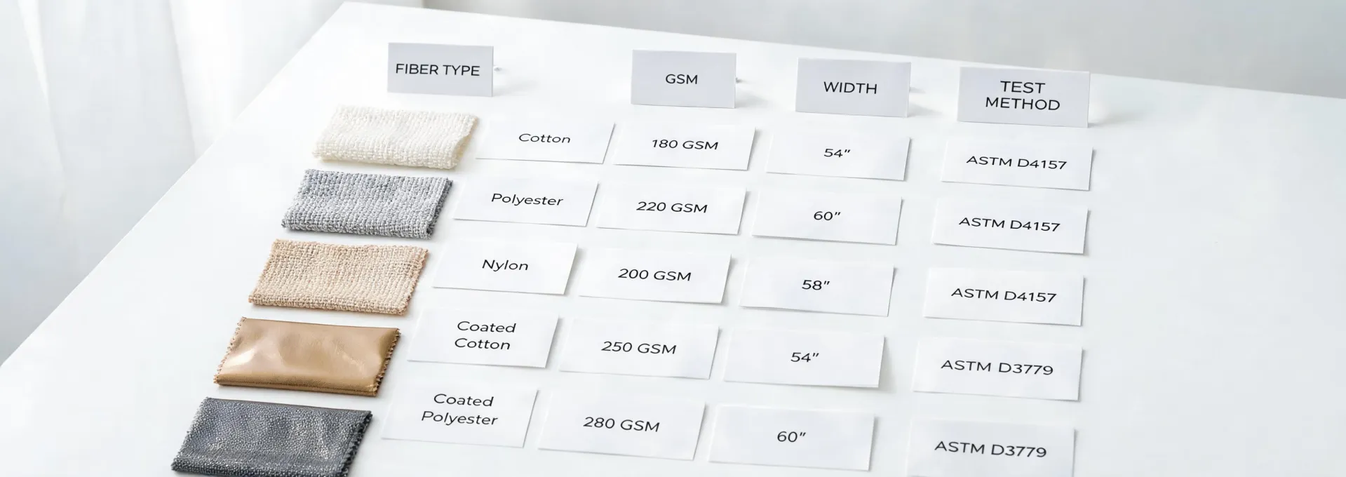 Protective textile swatches organized by construction and duty