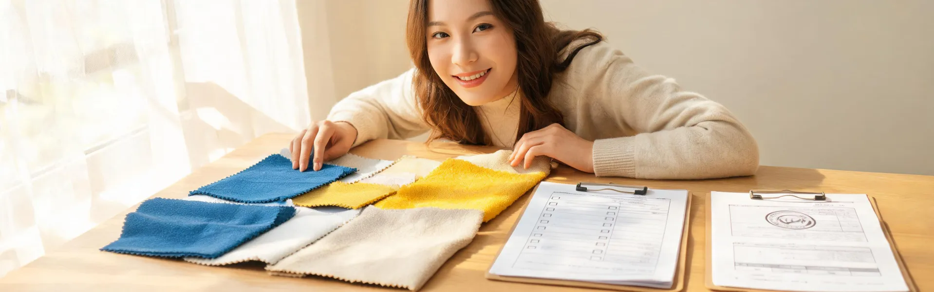 Material advisor preparing fabric samples and evidence checklist